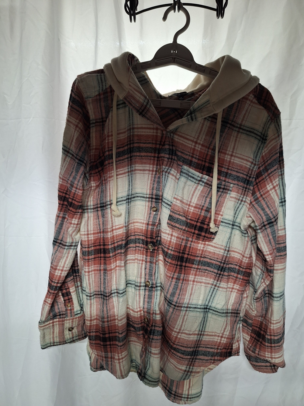 Love Tree Red and Cream Plaid Button-Down Hooded Shirt